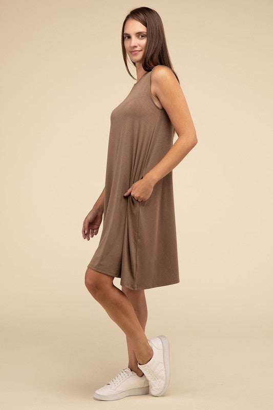 Zenana Sleeveless Flared Dress with Side Pockets - Rosa Apparel