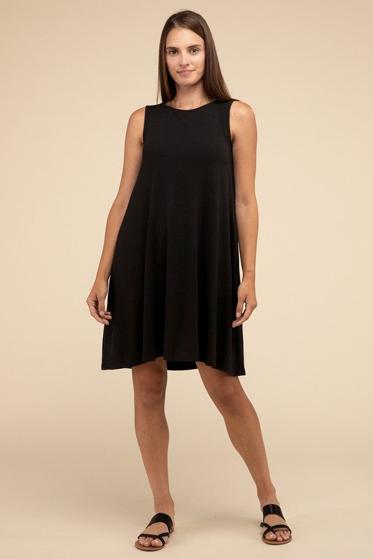 Zenana Sleeveless Flared Dress with Side Pockets - Rosa Apparel