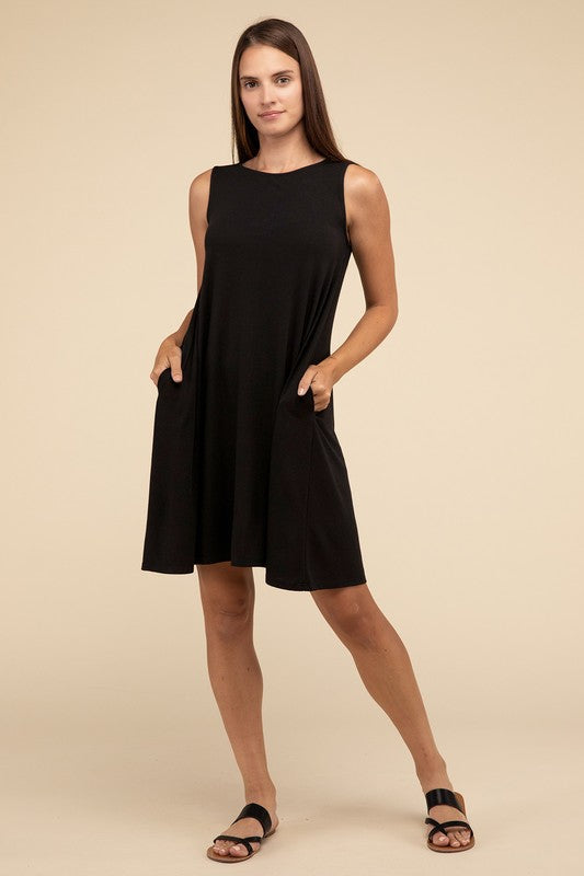 Zenana Sleeveless Flared Dress with Side Pockets - Rosa Apparel