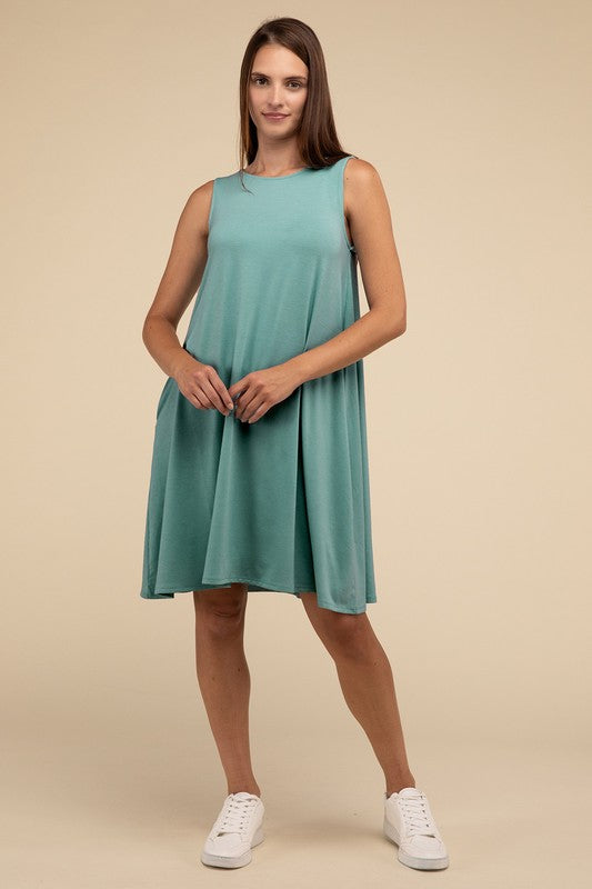 Zenana Sleeveless Flared Dress with Side Pockets - Rosa Apparel