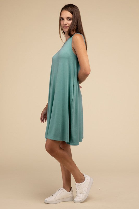 Zenana Sleeveless Flared Dress with Side Pockets - Rosa Apparel