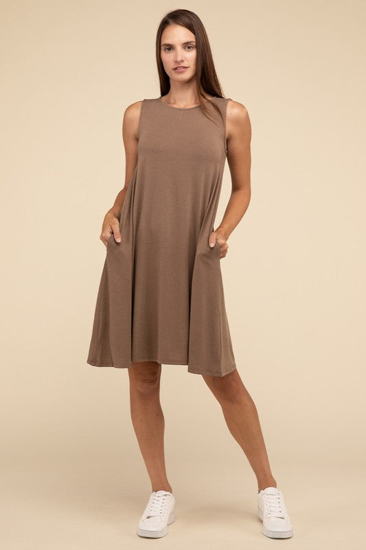 Zenana Sleeveless Flared Dress with Side Pockets - Rosa Apparel