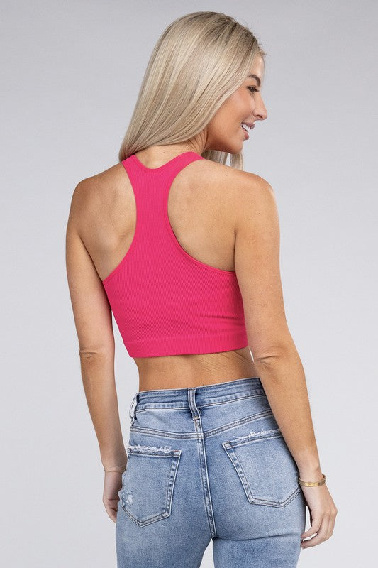 Zenana Sporty Ribbed Cropped Racerback V-Neck Sleeveless Tank Top - Rosa Apparel