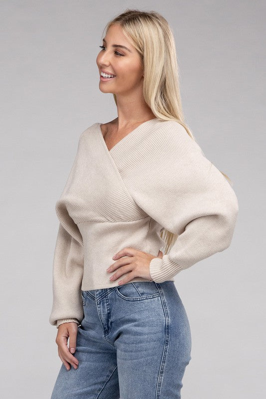 Zenana Viscose Cross Wrap V-Neck Pullover Sweater - Rosa Apparel