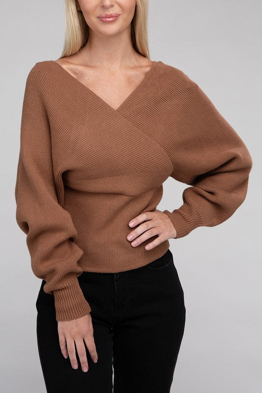 Zenana Viscose Cross Wrap V-Neck Pullover Sweater - Rosa Apparel