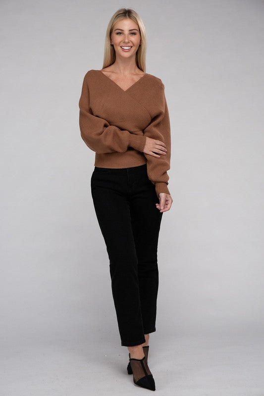 Zenana Viscose Cross Wrap V-Neck Pullover Sweater - Rosa Apparel