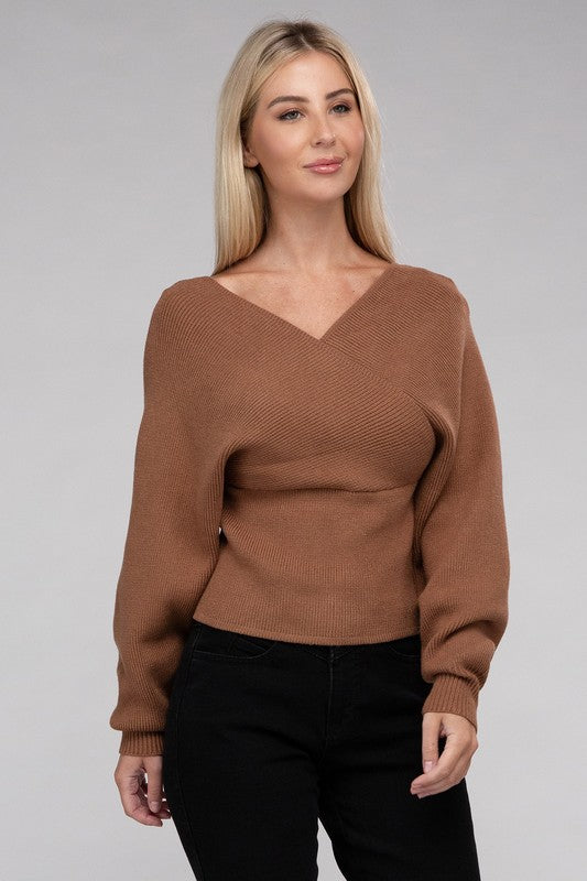 Zenana Viscose Cross Wrap V-Neck Pullover Sweater - Rosa Apparel