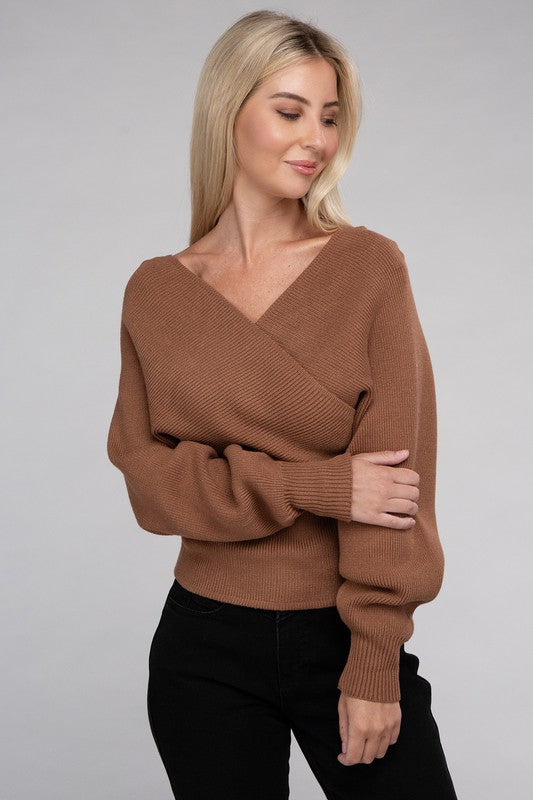 Zenana Viscose Cross Wrap V-Neck Pullover Sweater - Rosa Apparel