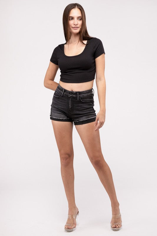 Zenana Washed Black Cuffed Raw Hem Denim Shorts - Rosa Apparel