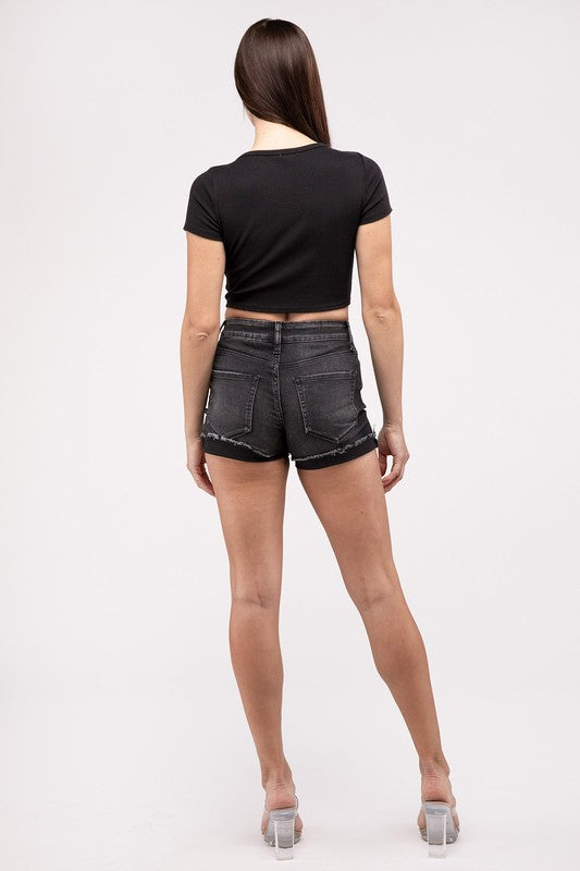 Zenana Washed Black Cuffed Raw Hem Denim Shorts - Rosa Apparel