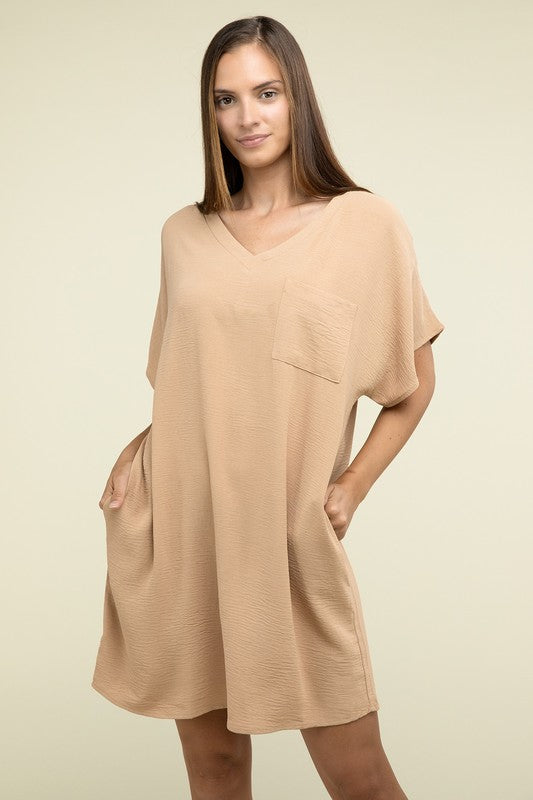 Zenana Woven Airflow V Neck T-Shirt Dress with Pockets - Rosa Apparel