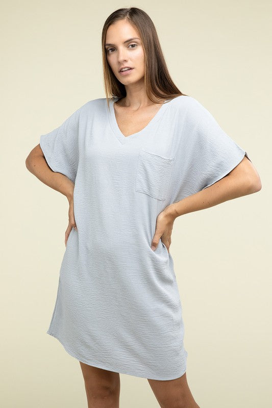 Zenana Woven Airflow V Neck T-Shirt Dress with Pockets - Rosa Apparel