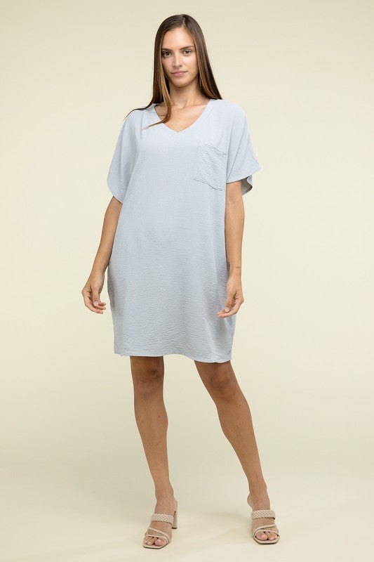 Zenana Woven Airflow V Neck T-Shirt Dress with Pockets - Rosa Apparel