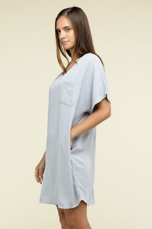 Zenana Woven Airflow V Neck T-Shirt Dress with Pockets - Rosa Apparel