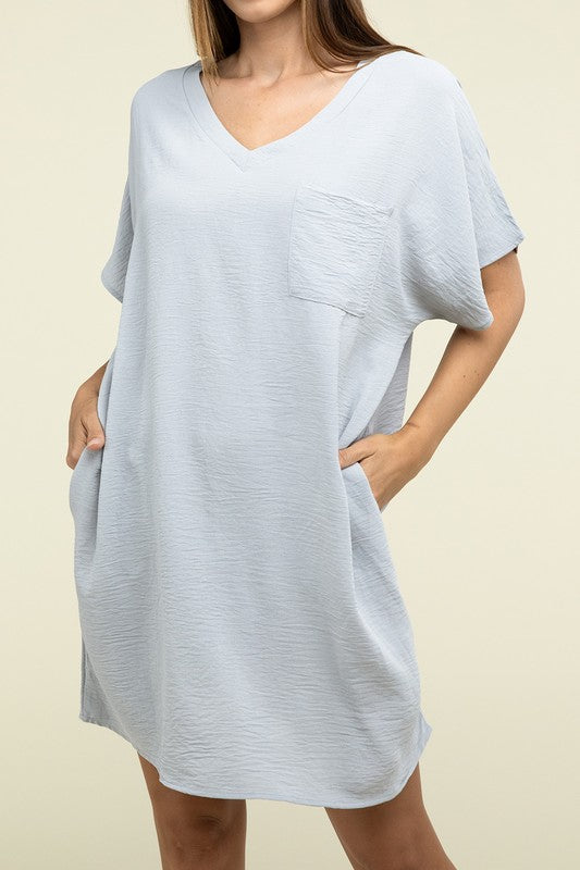 Zenana Woven Airflow V Neck T-Shirt Dress with Pockets - Rosa Apparel