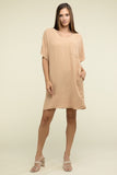 Zenana Woven Airflow V Neck T-Shirt Dress with Pockets - Rosa Apparel