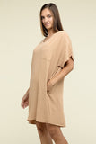 Zenana Woven Airflow V Neck T-Shirt Dress with Pockets - Rosa Apparel