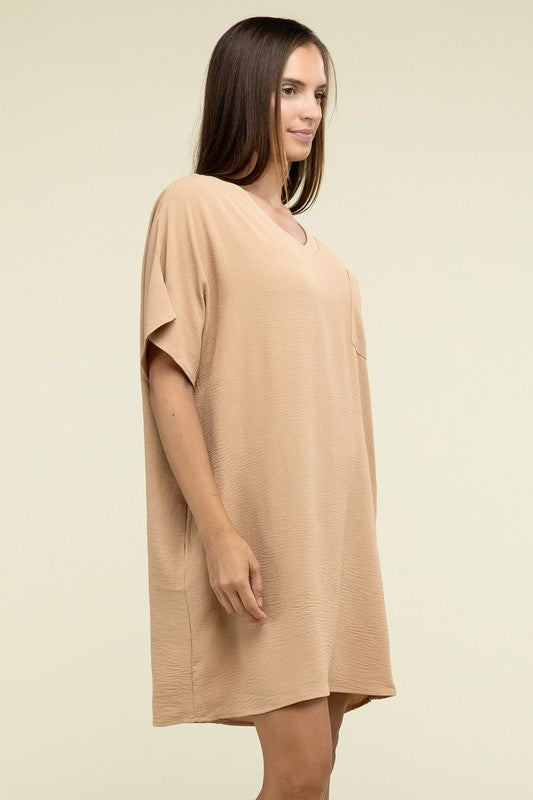 Zenana Woven Airflow V Neck T-Shirt Dress with Pockets - Rosa Apparel