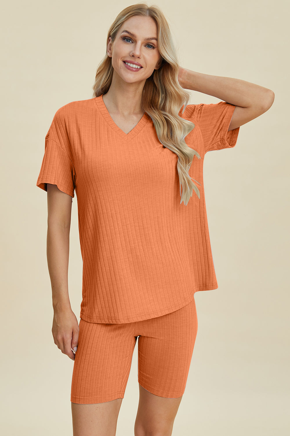 Basic Bae Full Size Ribbed V-Neck Short Sleeve Top and Shorts Set Stretchy Womenswear Basic Bae