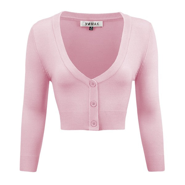 Mak Women's Cropped Bolero V-Neck 3/4 Sleeve Cardigan - Rosa Apparel