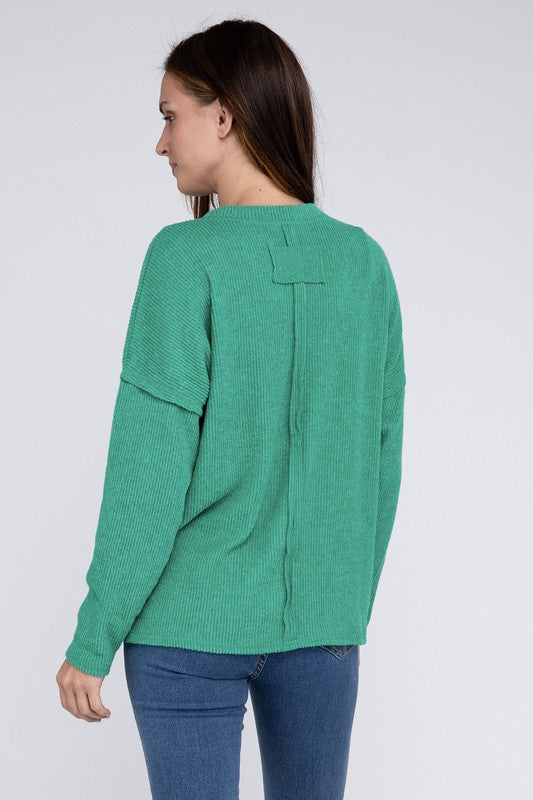 Ribbed Brushed Melange Hacci Sweater with a Pocket ZENANA