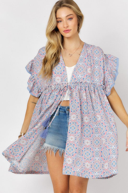 Printed Short Sleeve Ruffle Kimono Davi & Dani