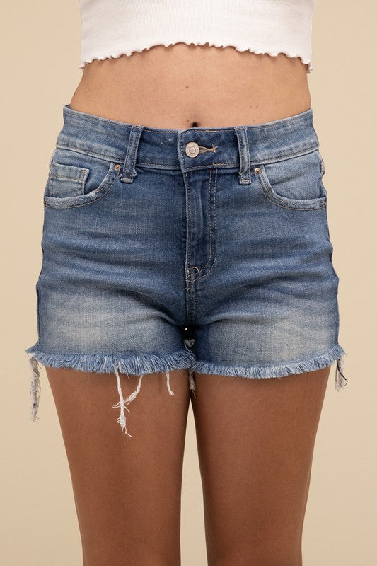 Zenana Mid Rise Raw Frayed Hem Denim Shorts ZENANA