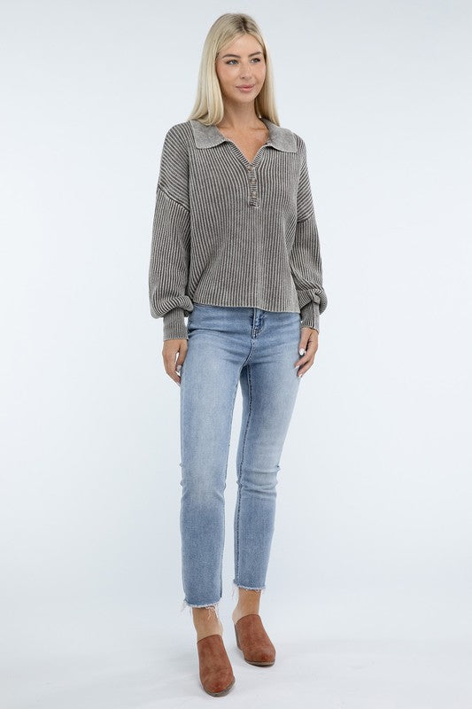 Washed Collared Henley Sweater ZENANA