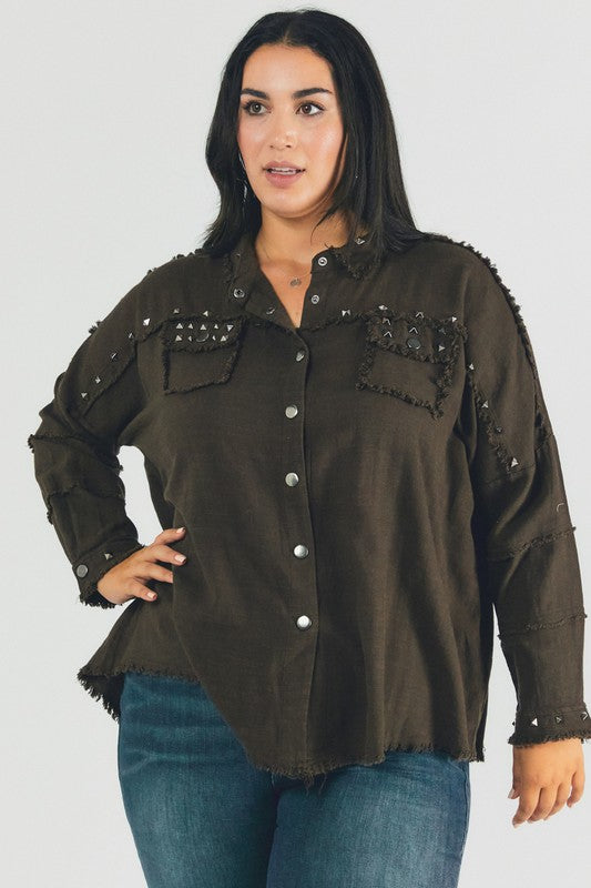 Plus Distressed hem button down oversize shirt Davi & Dani