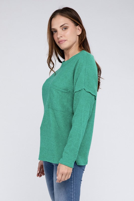 Ribbed Brushed Melange Hacci Sweater with a Pocket ZENANA