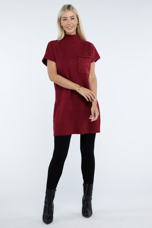 Mock Neck Short Sleeve Sweater Dress with Pocket ZENANA