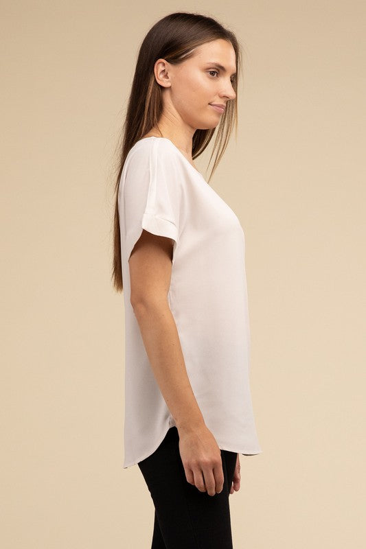 Woven Heavy Dobby Rolled Sleeve Boat Neck Top ZENANA