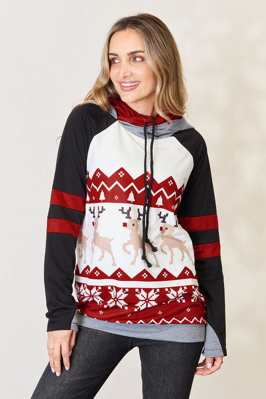 Double Take Full Size Christmas Drawstring Long Sleeve Hoodie Trendsi