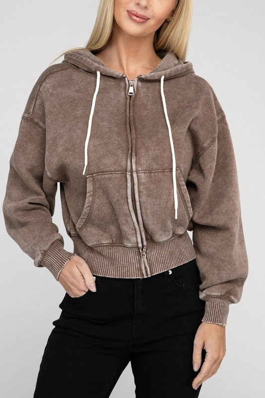 Acid Wash Fleece Cropped Zip-Up Hoodie ZENANA