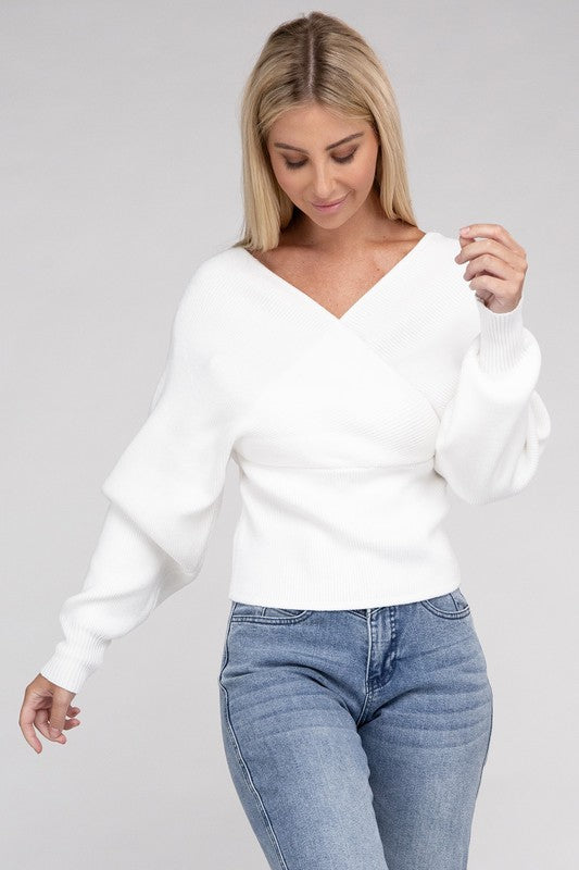 Zenana Viscose Cross Wrap V-Neck Pullover Sweater