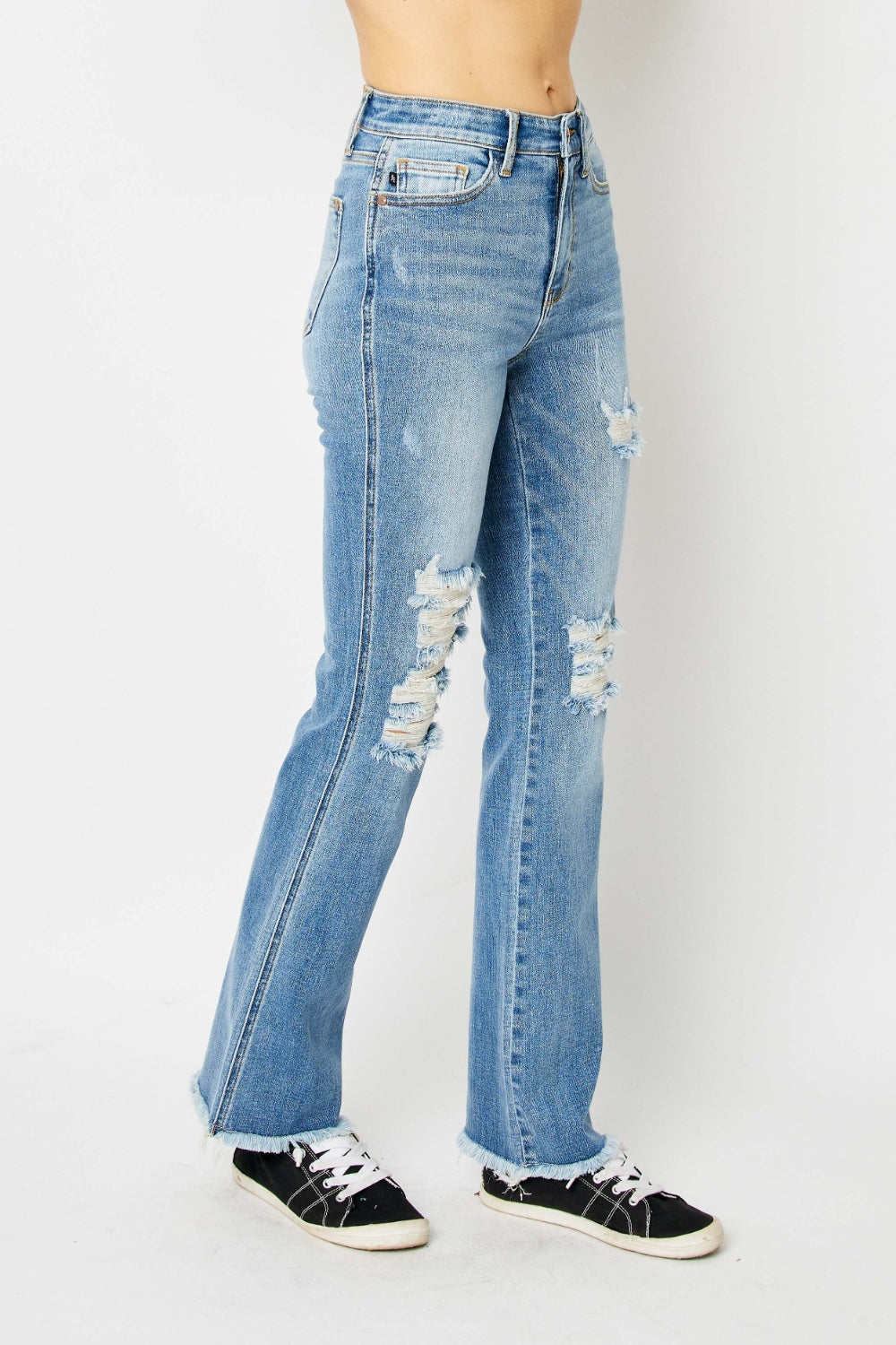 Judy Blue Full Size Distressed Casual Denim Raw Hem Bootcut Jeans Style #: 82542 Judy Blue