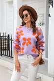 Angel Wings Floral Print Round Neck Dropped Shoulder Pullover Sweater Trendsi