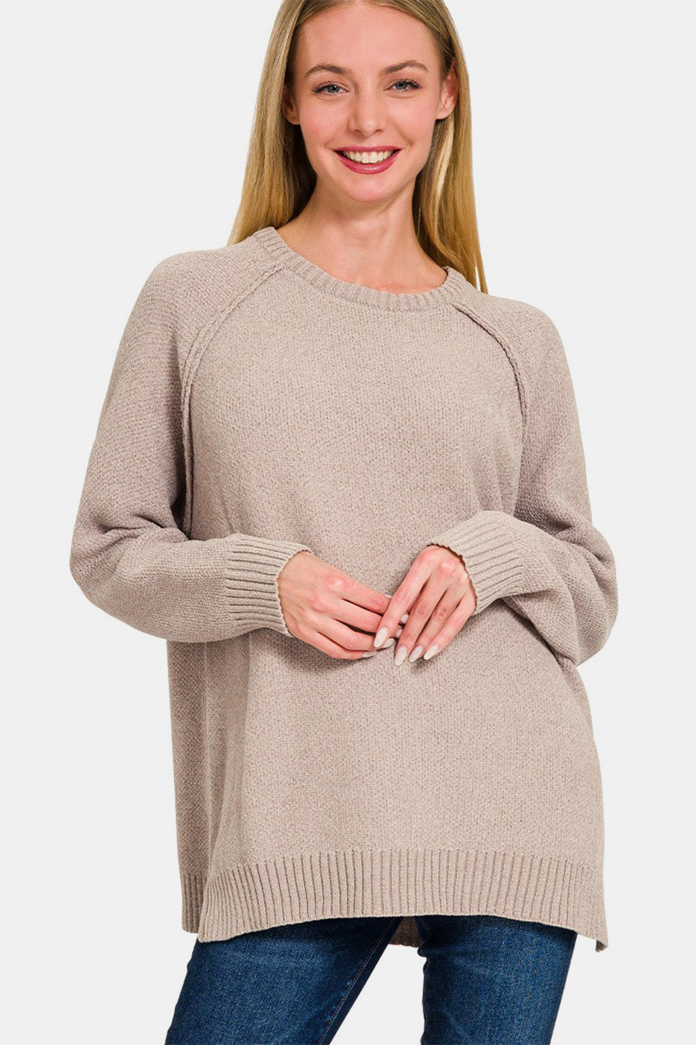 Zenana Side Slit Raglan Sleeve Sweater Trendsi