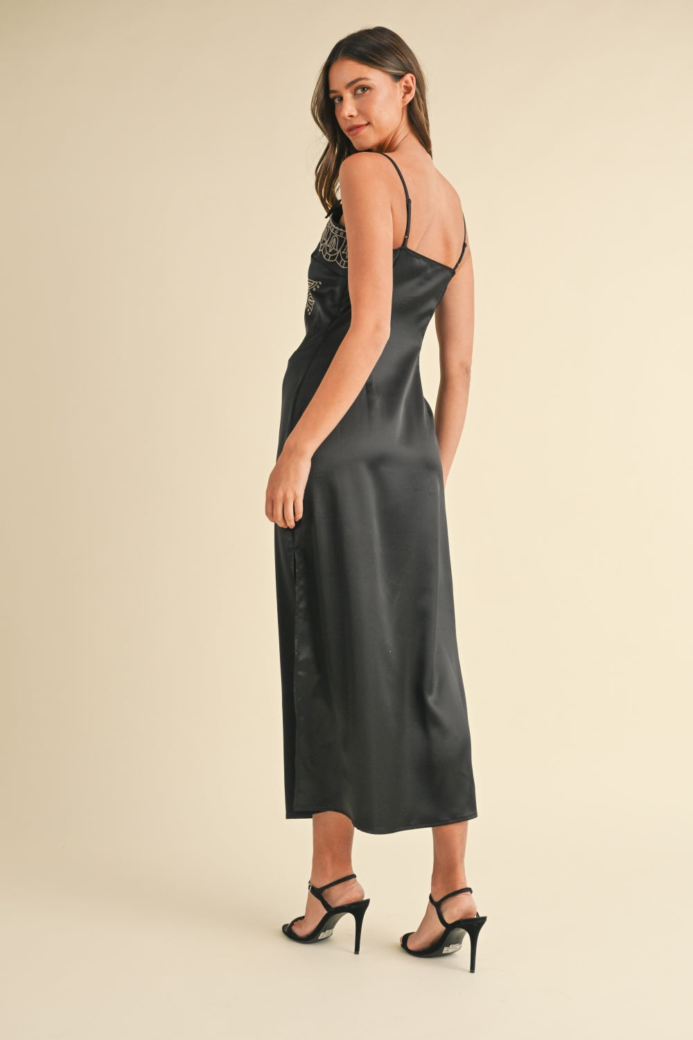 Mable Embroidered Cami Satin Midi Slit Dress Trendsi