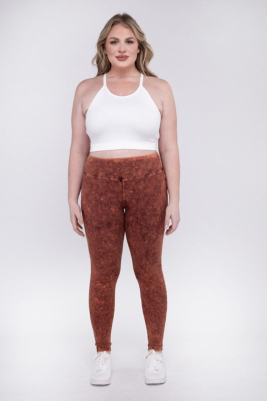 Plus Mineral Washed Wide Waistband Yoga Leggings ZENANA