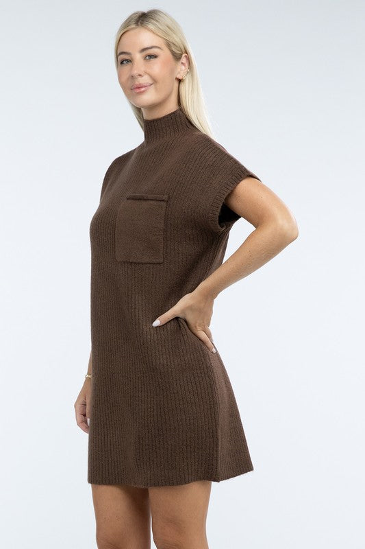 Mock Neck Short Sleeve Sweater Dress with Pocket ZENANA