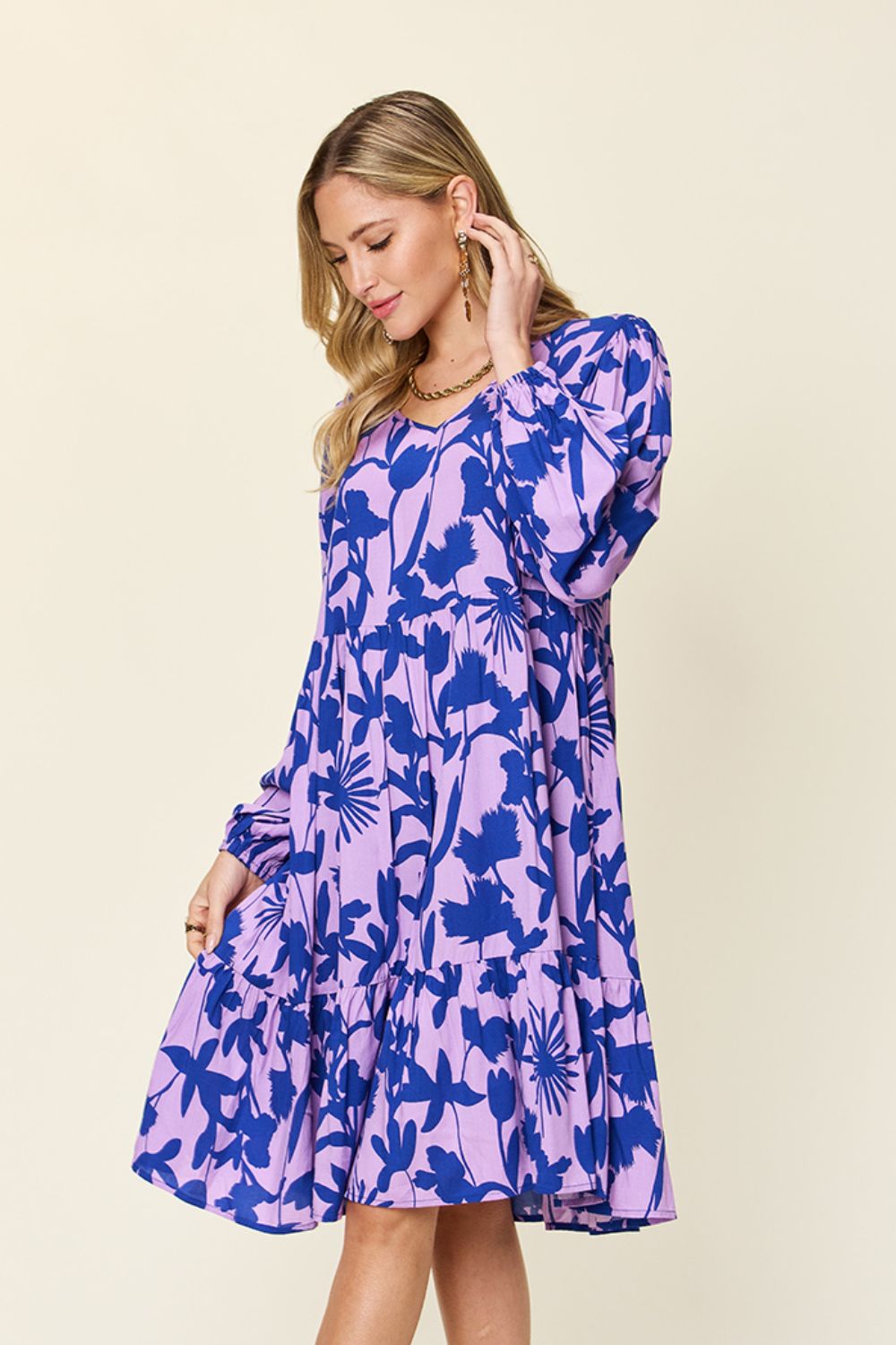 Double Take Full Size Printed Ruffle Hem Long Sleeve Midi Dress Double Take