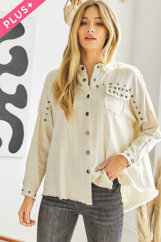 Plus Distressed hem button down oversize shirt Davi & Dani