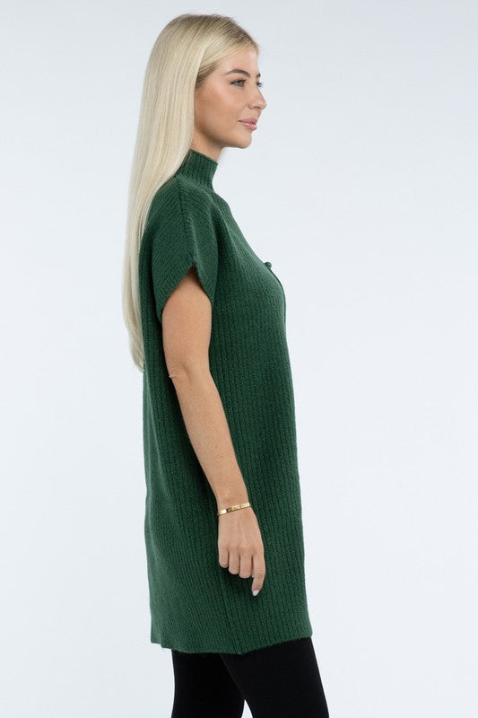 Mock Neck Short Sleeve Sweater Dress with Pocket ZENANA