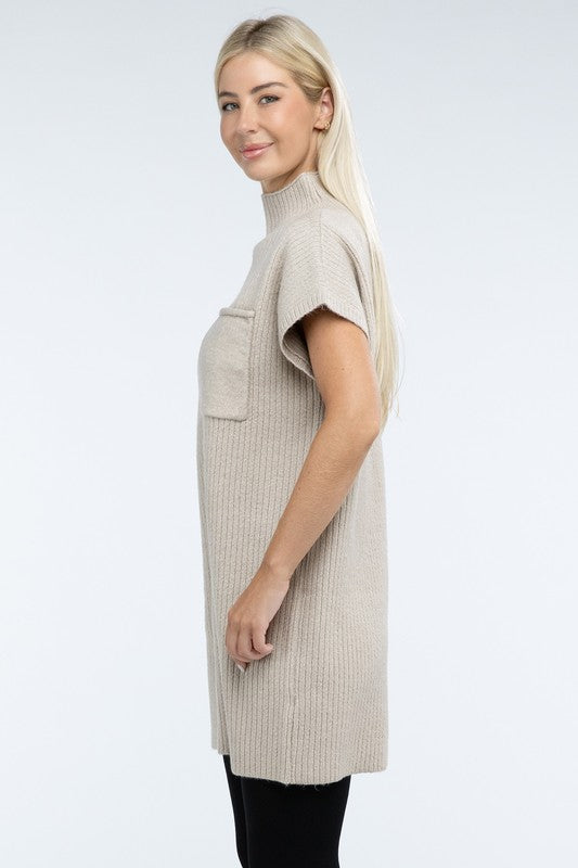 Mock Neck Short Sleeve Sweater Dress with Pocket ZENANA