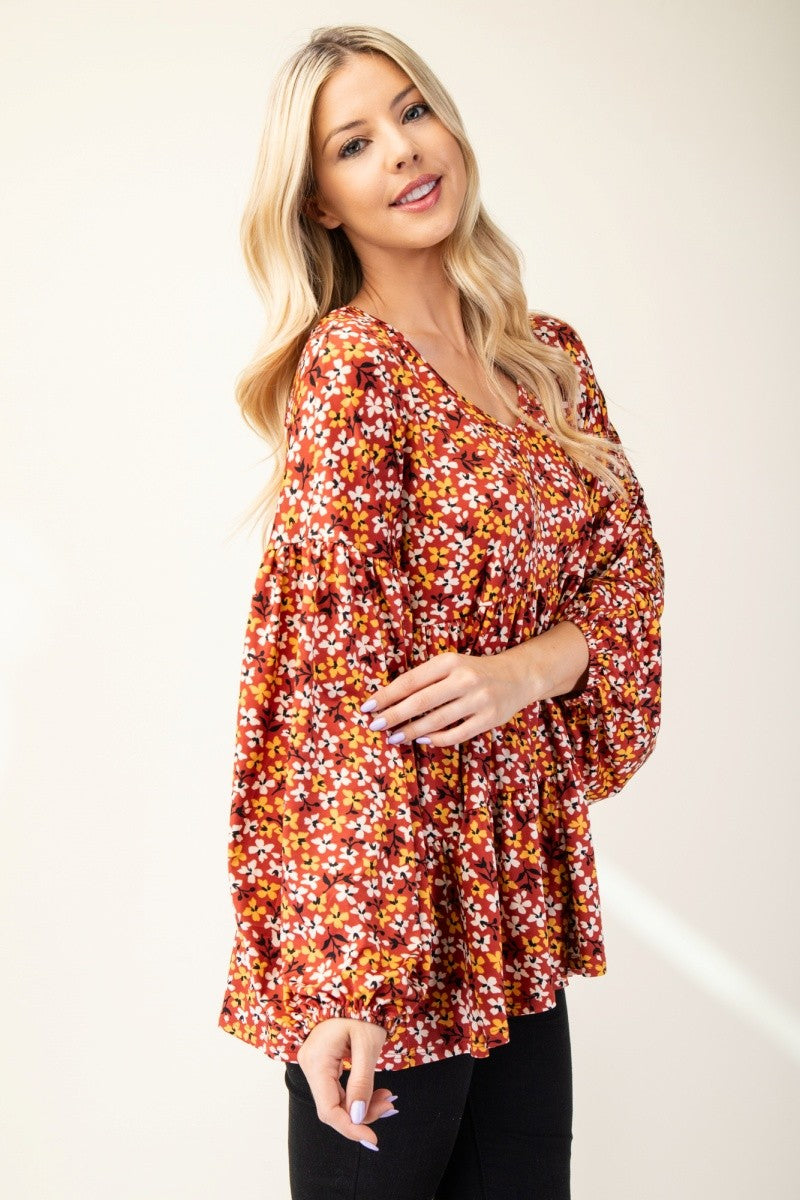 Celeste Full Size Floral V-Neck Balloon Sleeve Blouse Trendsi