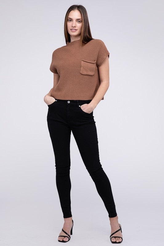 Mock Neck Short Sleeve Cropped Sweater ZENANA