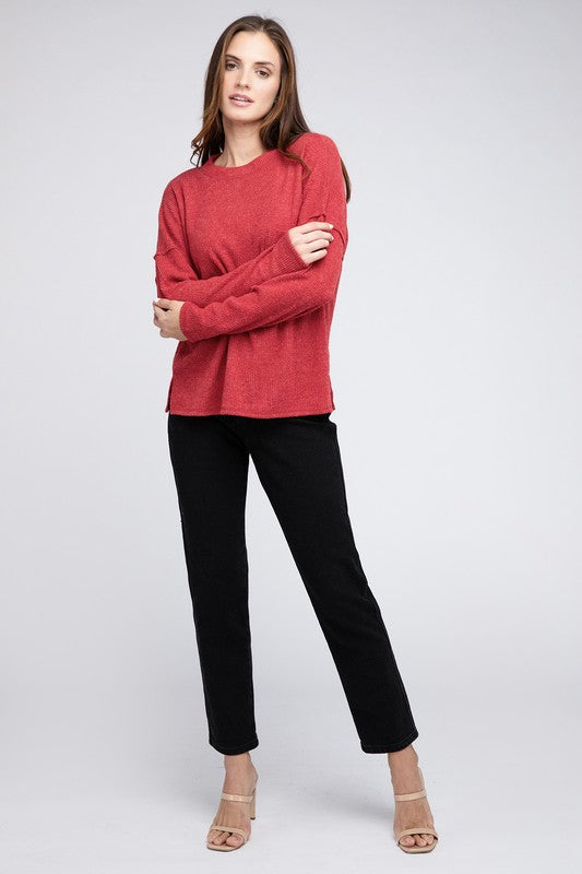 Ribbed Brushed Melange Hacci Sweater with a Pocket ZENANA