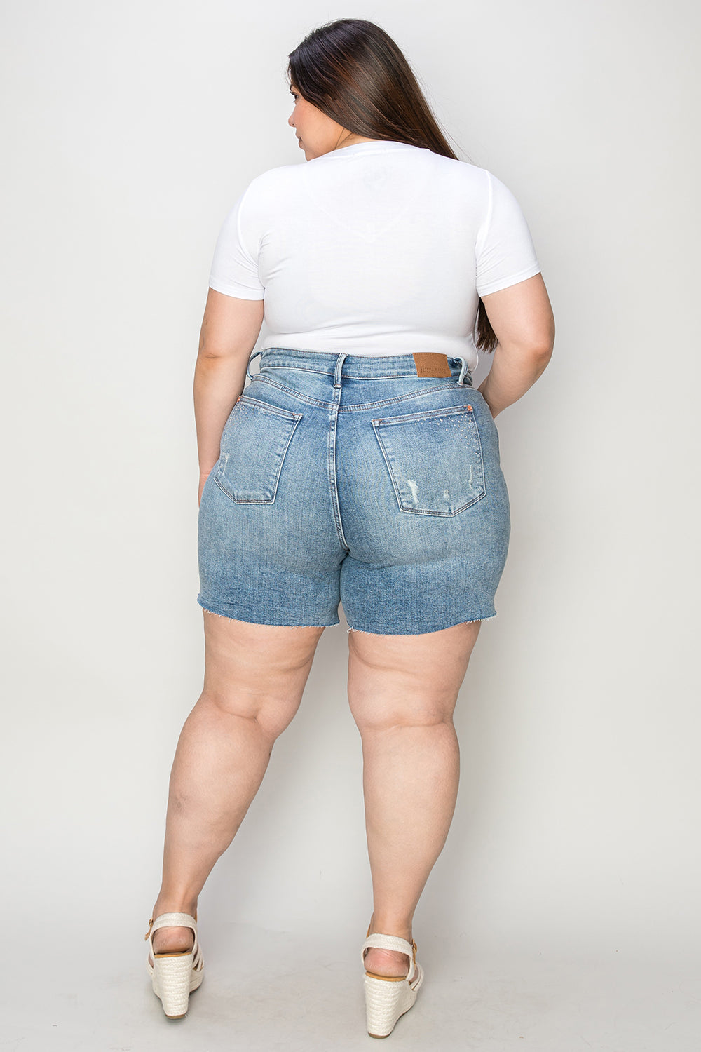 Judy Blue Full Size High Waist Raw Hem Denim Casual Jean Shorts Style #: 15251 Judy Blue