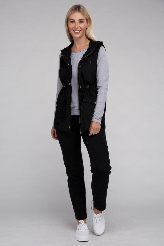 Drawstring Waist Military Hoodie Vest ZENANA